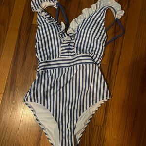 Blue and White Striped Swimsuit